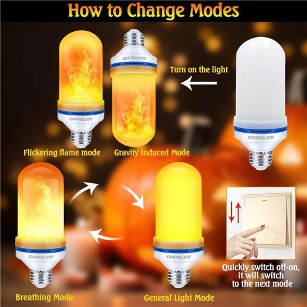 LED Flame Light Bulbs, 4 Modes Flickering Light Bulbs, E26 Base Fire Flame Bulb